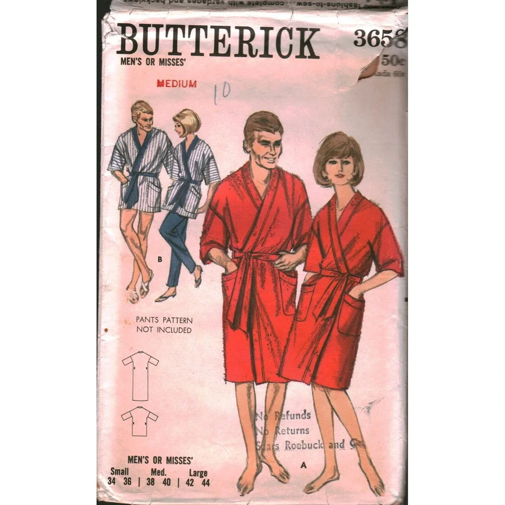 Vintage Butterick 3658 Mens Misses Robe Sewing Pattern Kimono Unisex‎ Med 38-40